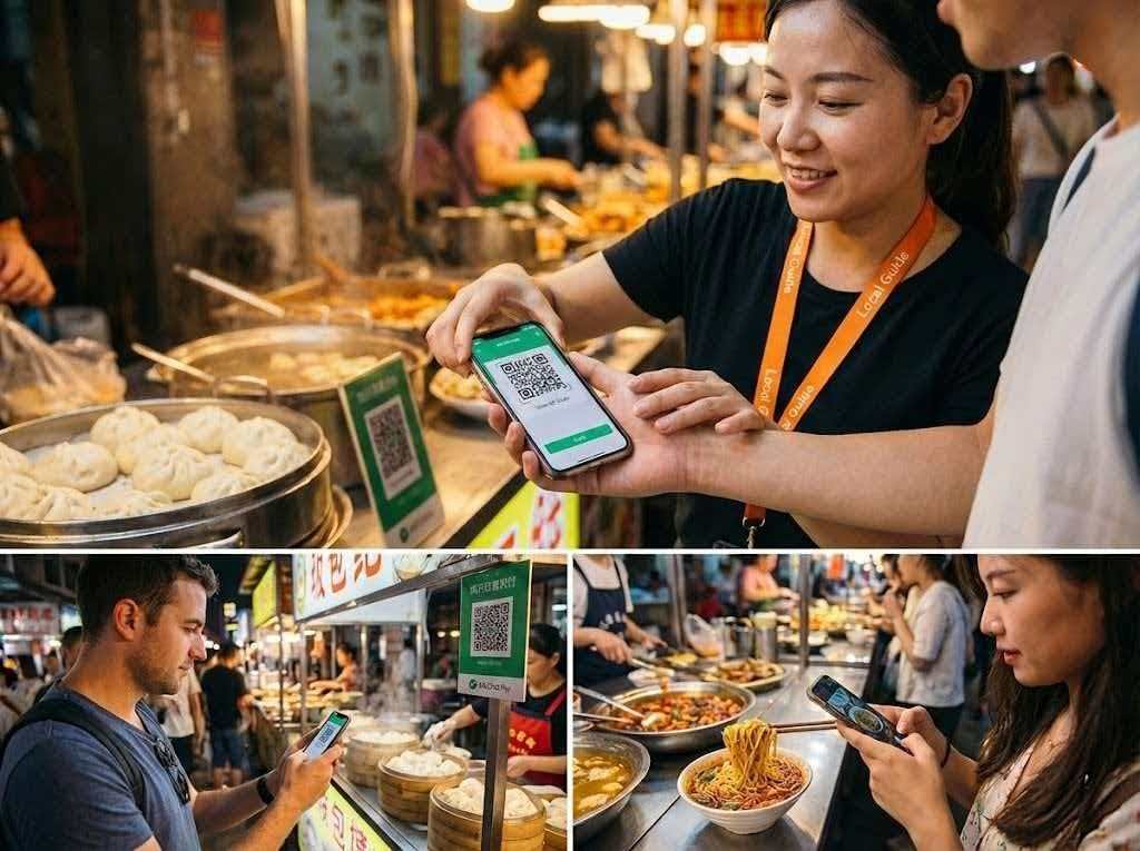 A local guide helps a traveler make a payment at a market