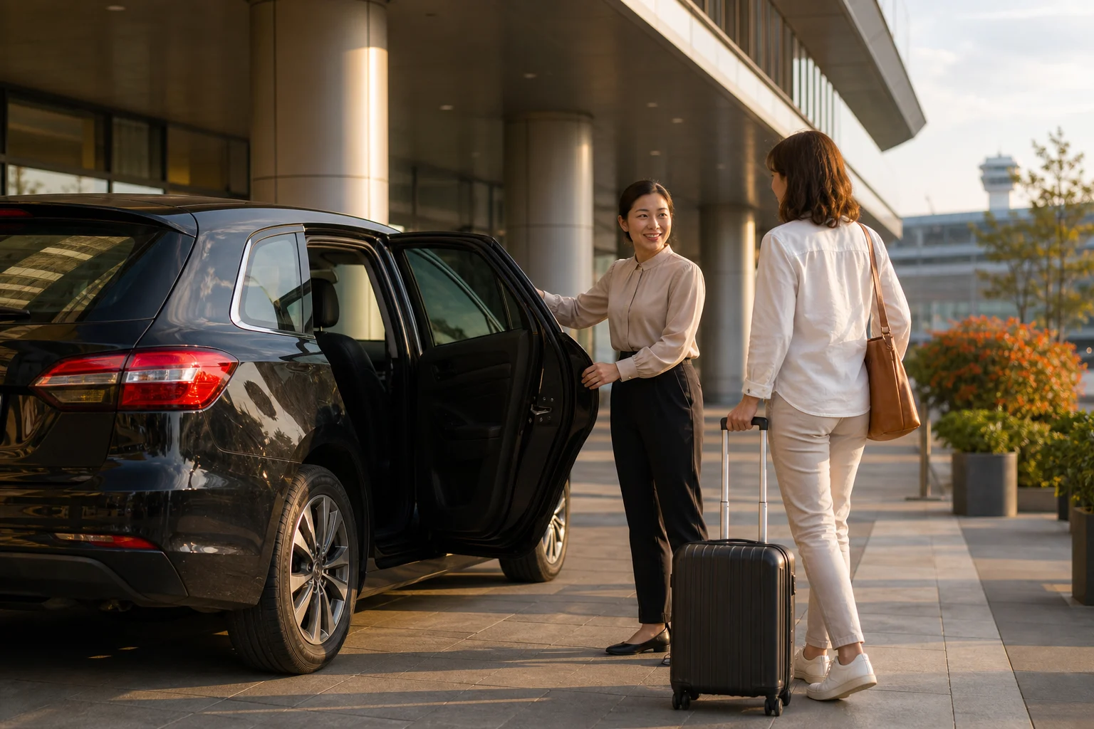A traveler beside a private vehicle