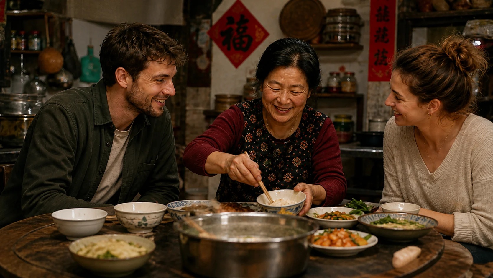 Visitors sharing a home-cooked dinner with a local family