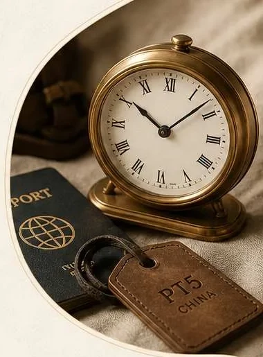 A clock beside a passport and PT5 luggage tag